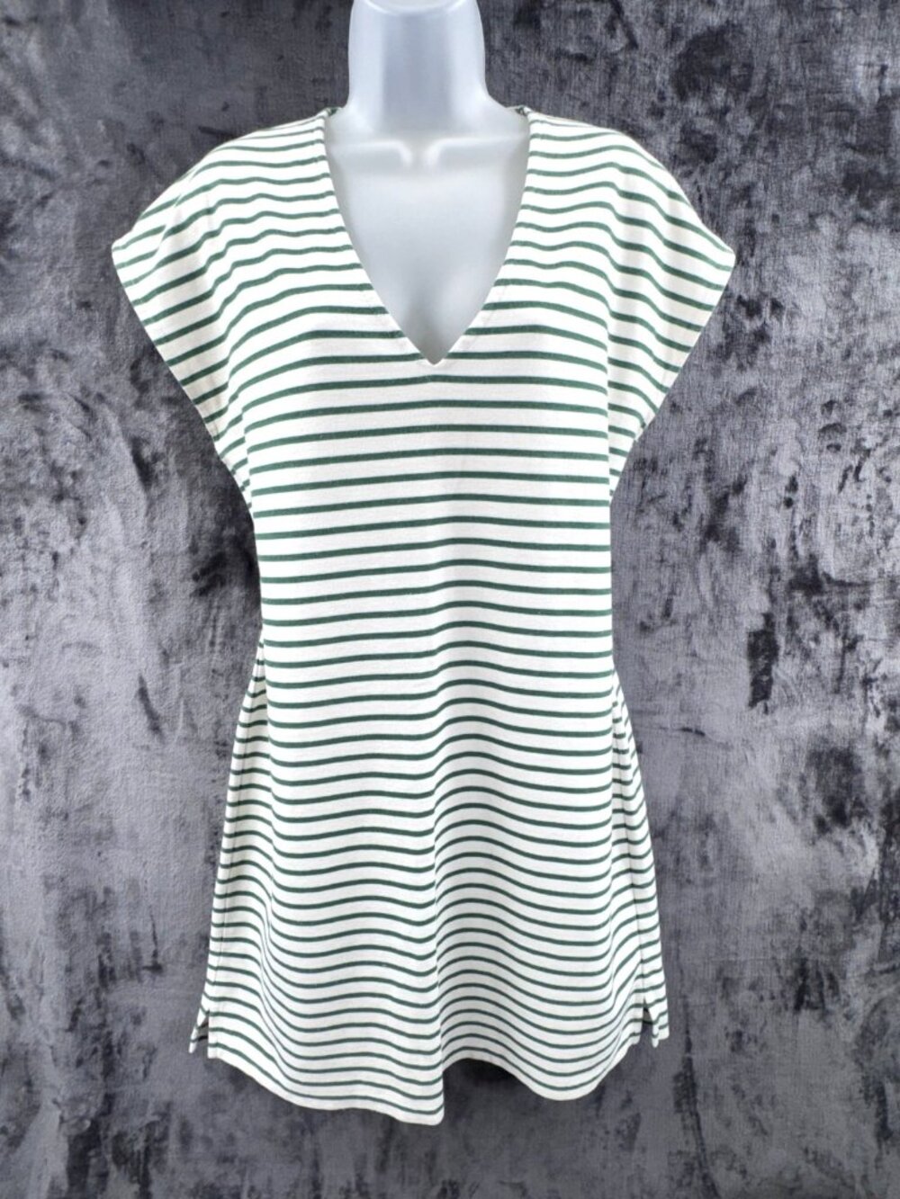 J Crew Womens M Green White Striped V-Neck Cotton Blend Shift Dress